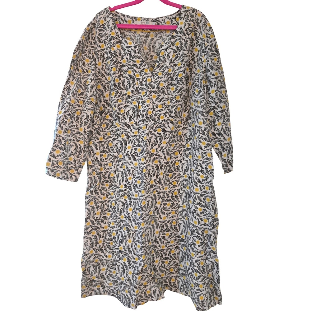 Boden Womens 100% Linen Floral V-Neck Tunic Dress Yellow Grey WW194 US 10L
